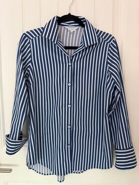 Foxcroft Blue and White Striped Button-Up Shirt